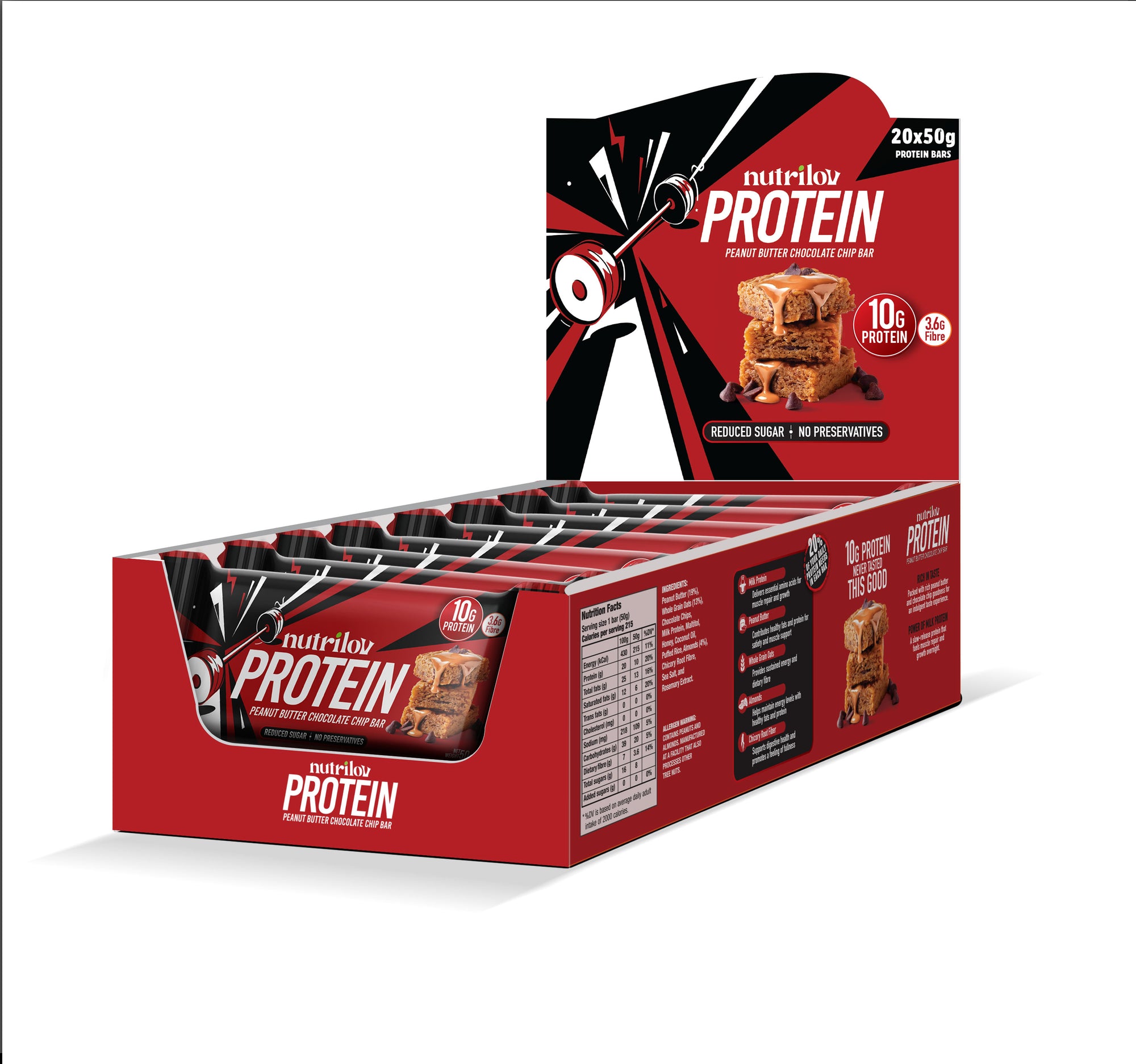 Nutrilov Protein Peanut Butter & Chocolate Chip Bar 50g X 20 Bars (10G Protein/Bar)