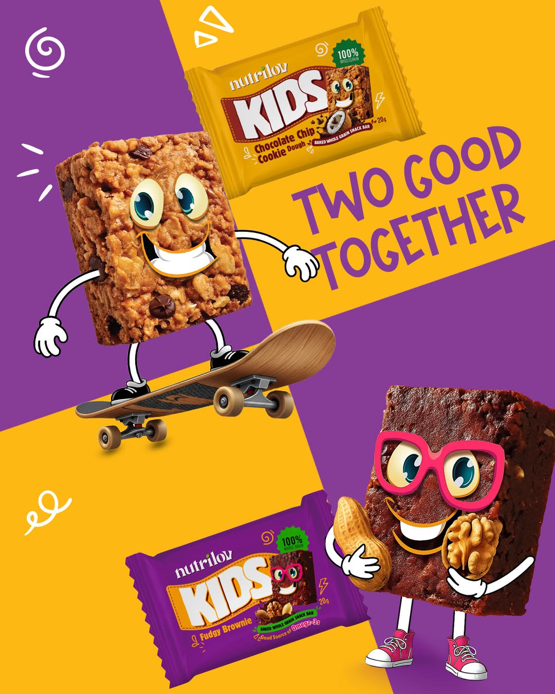 Nutrilov Kids bars — Fudgy Brownie and Chocolate Chip Cookie Dough characters, two good together