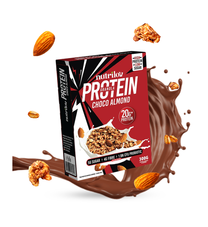 Nutrilov Protein Granola Choco Almond box in a chocolate splash with almonds